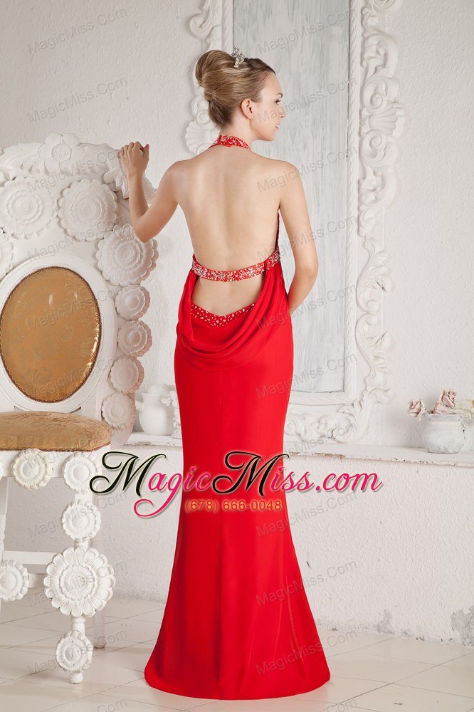 wholesale red mermaid halter ruch and beading prom dress floor-length chiffon