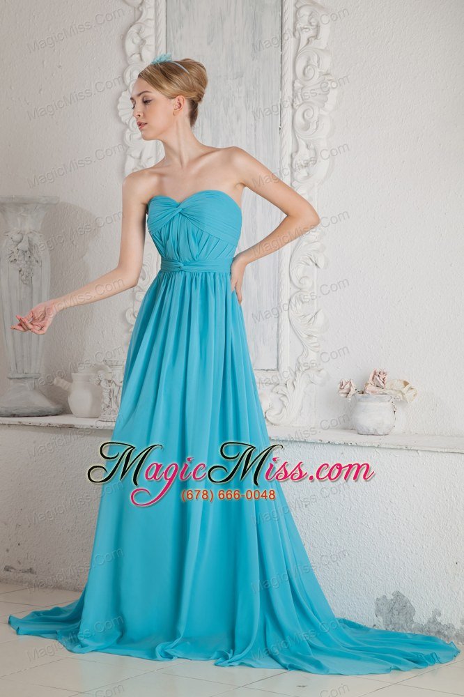 wholesale baby blue a-line sweetheart court train chiffon ruch prom dress