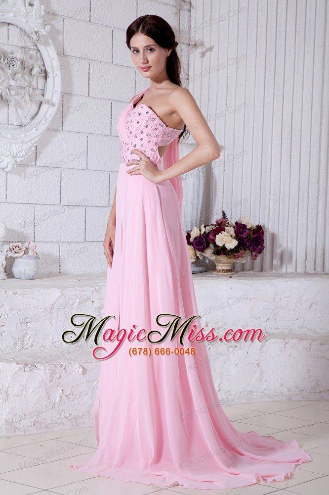 wholesale 2013 rose pink empire one shoulder beading prom / evening dress watteau train chiffon