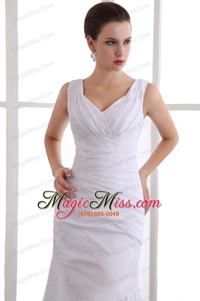 wholesale white column v-neck ankle-length chiffon appliques prom dress