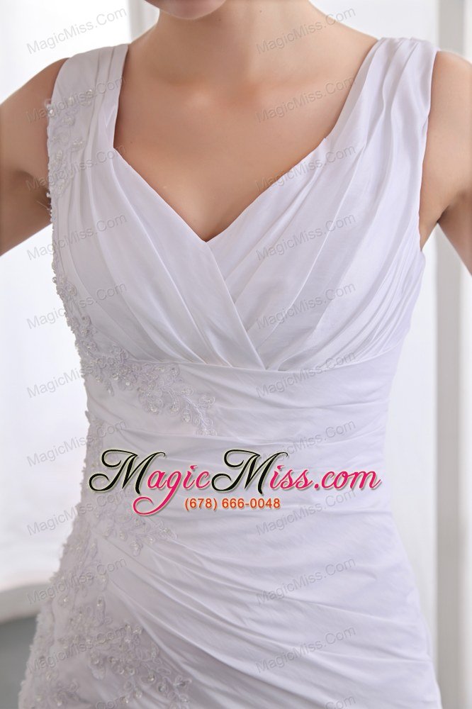 wholesale white column v-neck ankle-length chiffon appliques prom dress