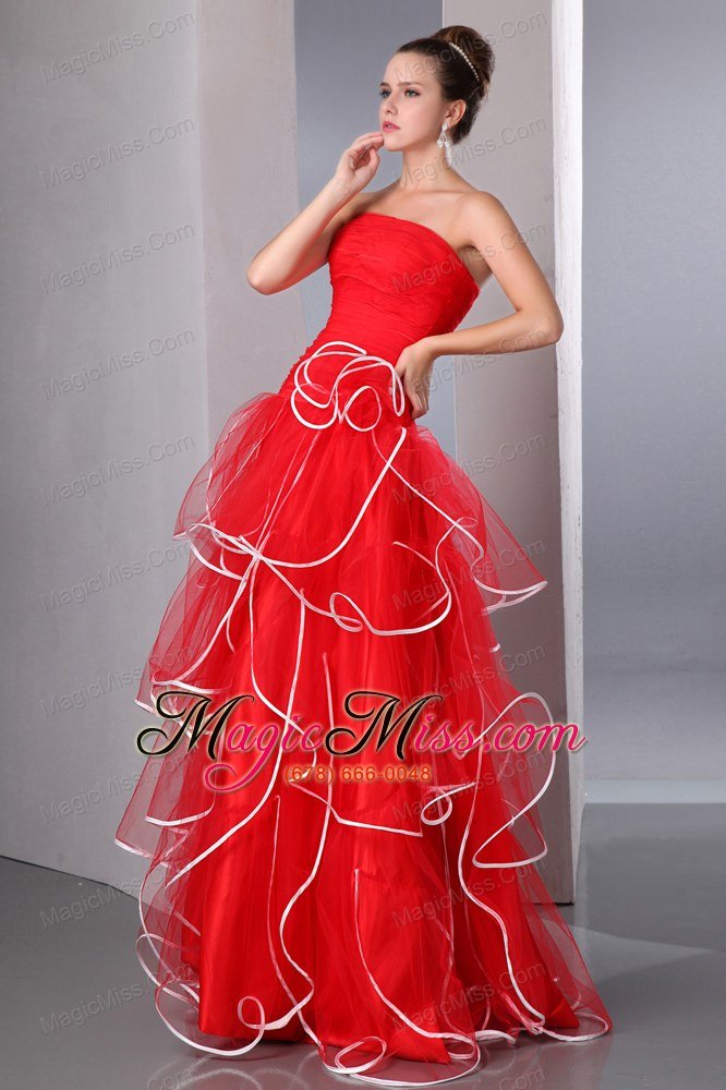 wholesale 2013 red strapless ruffled prom dress with white hem