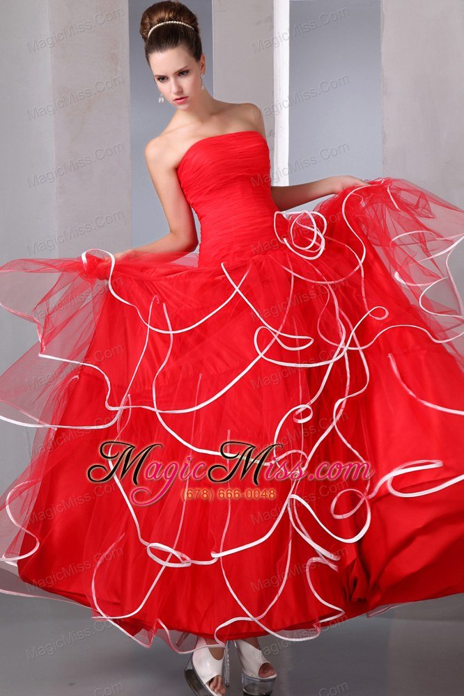wholesale 2013 red strapless ruffled prom dress with white hem