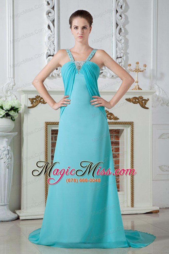 wholesale turquoise empire straps brush train chiffon ruch and beading prom dress