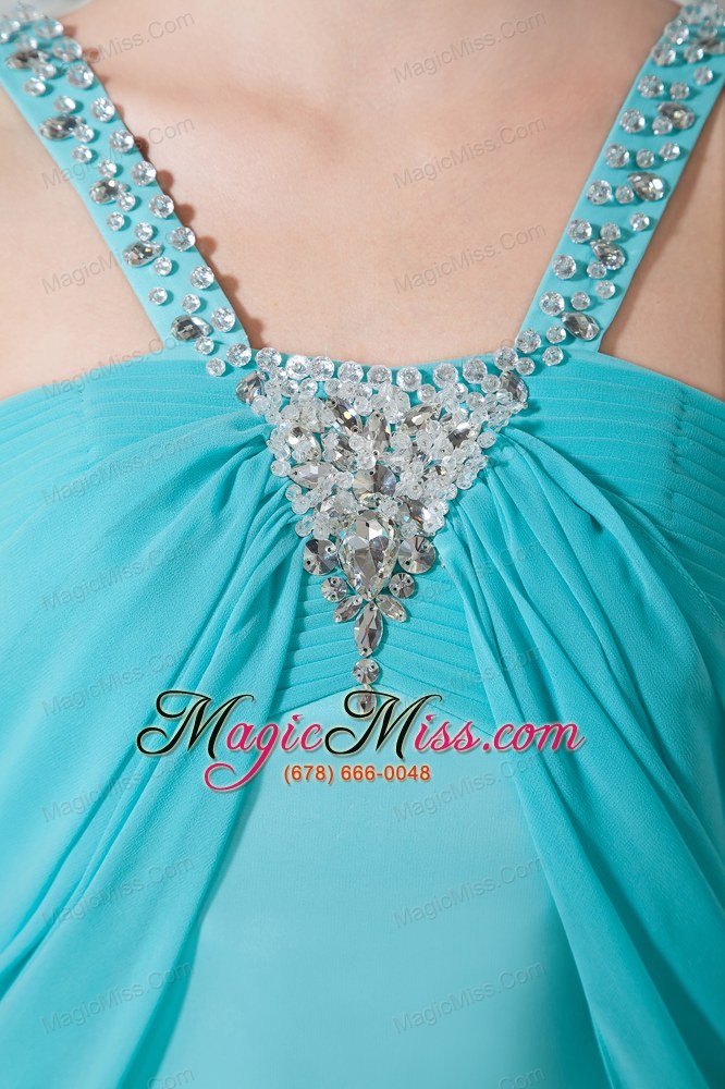 wholesale turquoise empire straps brush train chiffon ruch and beading prom dress