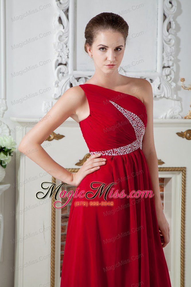 wholesale red empire one shoulder brush train chiffon ruch and beading prom dress