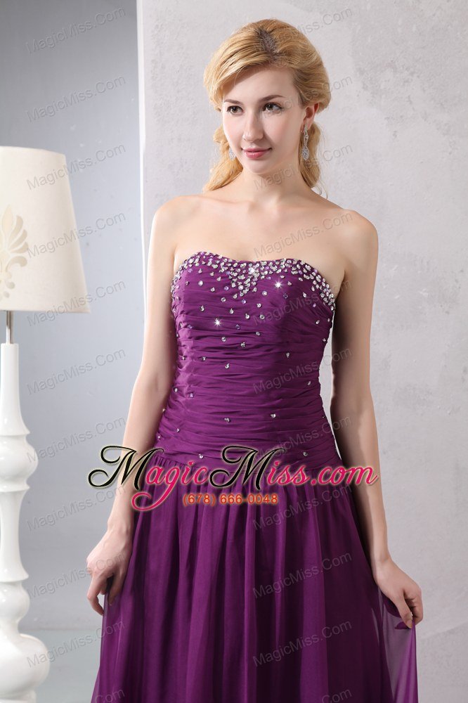 wholesale purple empire strapless brush train chiffon beading prom dress