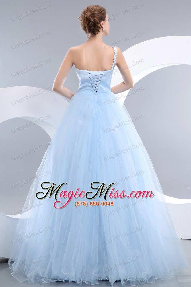 wholesale beautiful baby blue a-line one shoulder prom / evening dress tulle appliques floor-length