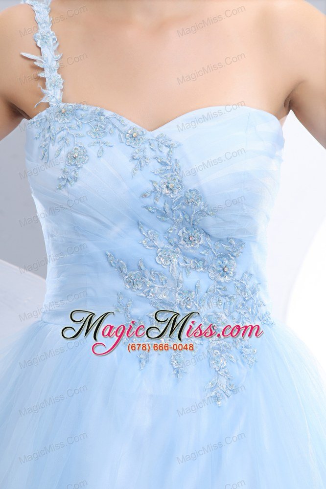 wholesale beautiful baby blue a-line one shoulder prom / evening dress tulle appliques floor-length