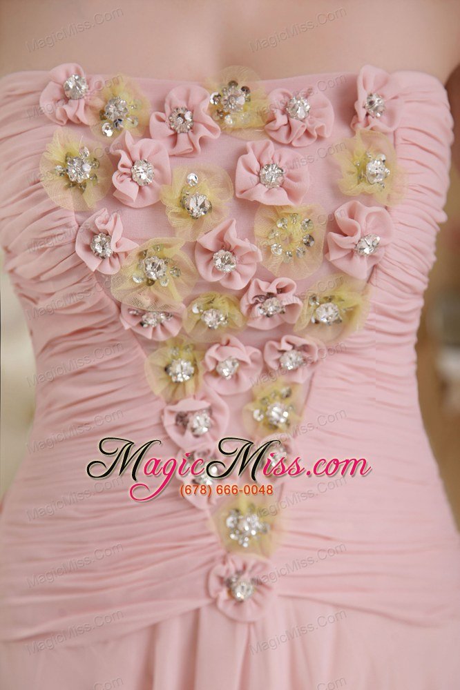 wholesale baby pink a-line / princess strapless brush train chiffon beading and hand made flowers prom / evening dress