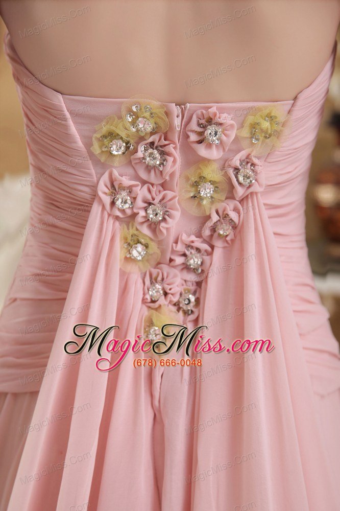 wholesale baby pink a-line / princess strapless brush train chiffon beading and hand made flowers prom / evening dress