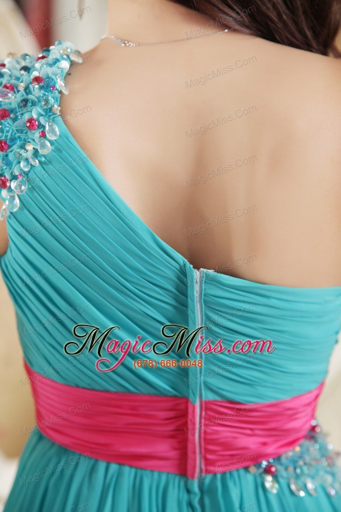 wholesale teal empire one shoulder floor-length chiffon ruch and beading prom dress