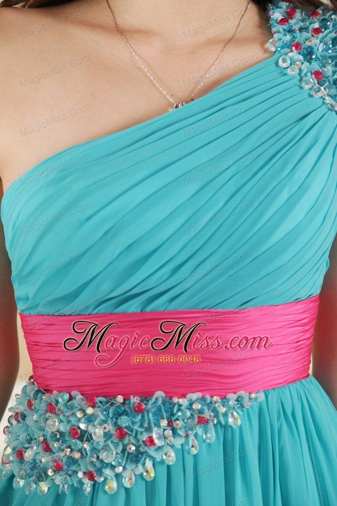 wholesale teal empire one shoulder floor-length chiffon ruch and beading prom dress