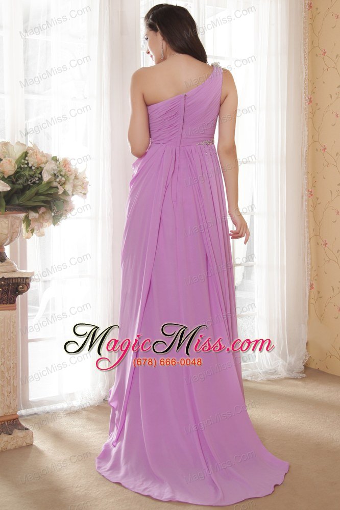 wholesale rose pink empire one shoulder floor-length chiffon ruch and beading prom dress
