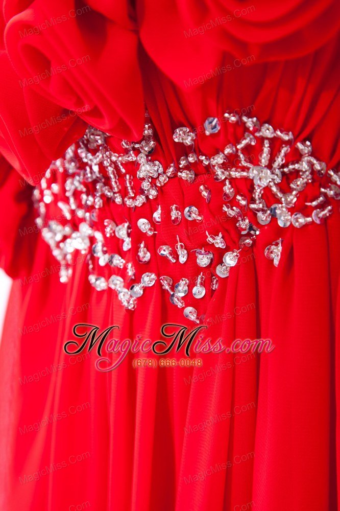 wholesale red empire one shoulder floor-length chiffon beading and hand made flowers prom dress