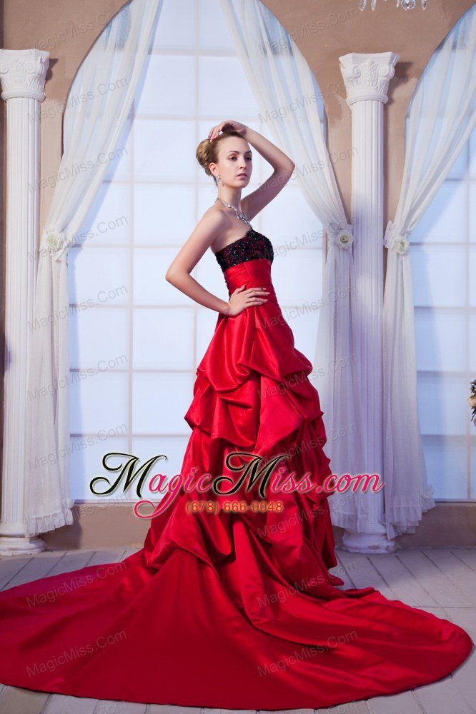 wholesale red a-line strapless chapel train taffeta beading and lace prom dress