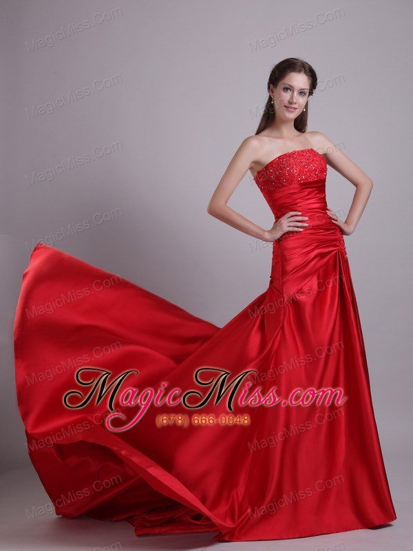 wholesale red empire strapless court train taffeta beading and ruch prom/evening dress