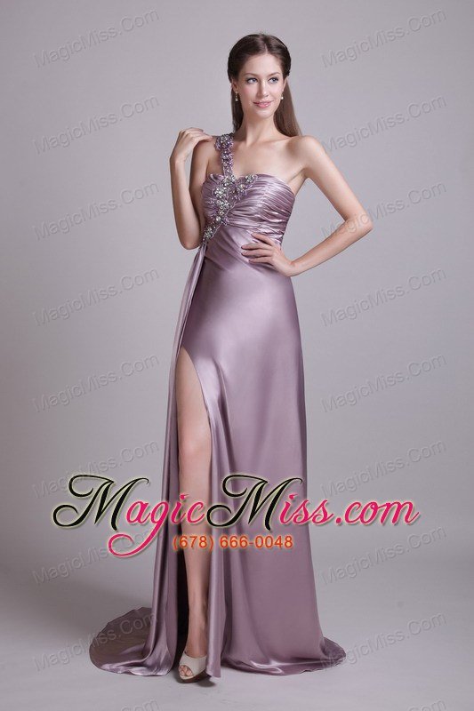 wholesale lavender empire one shoulder brusn train elastic woven satin beading prom dress