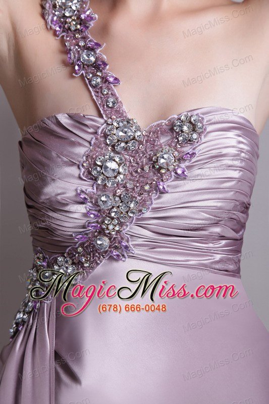 wholesale lavender empire one shoulder brusn train elastic woven satin beading prom dress