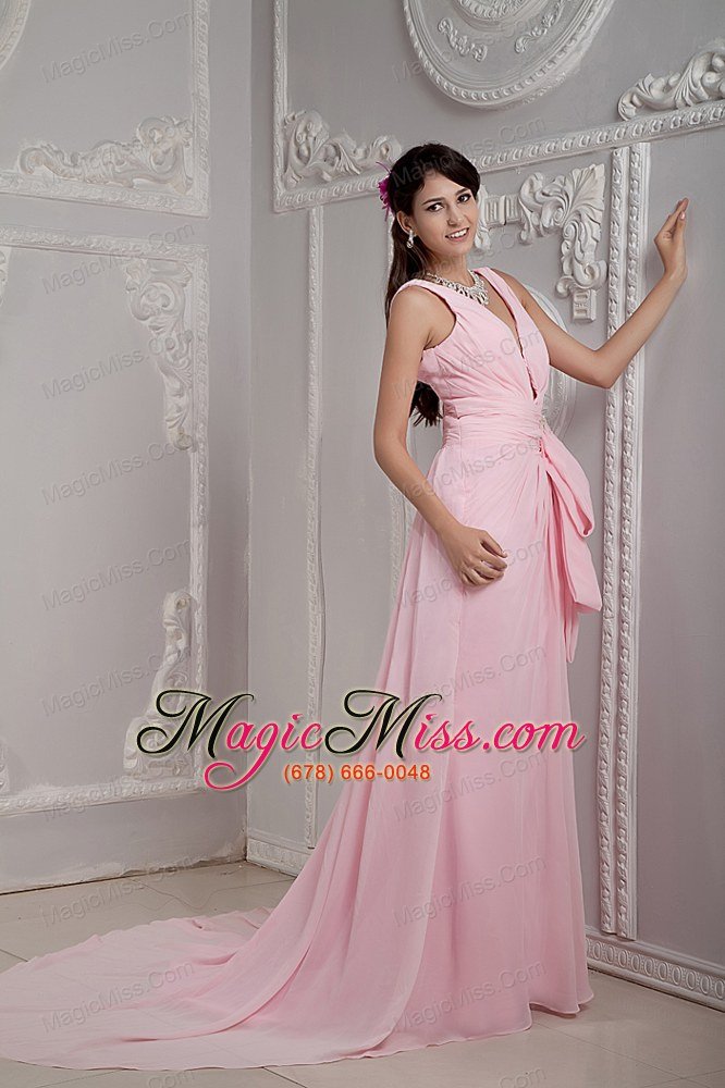 wholesale baby pink empire v-neck brush train chiffon beading prom dress