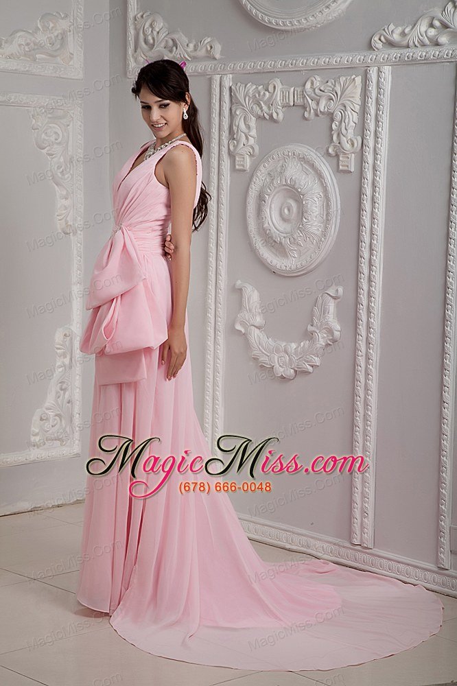 wholesale baby pink empire v-neck brush train chiffon beading prom dress
