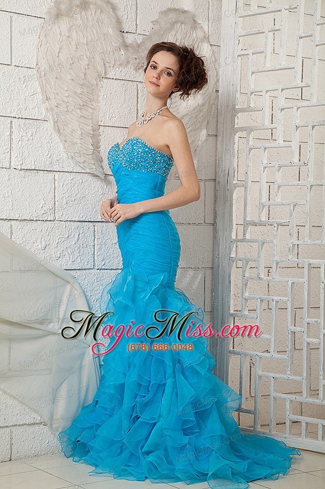 wholesale sky blue sweetheart brush train organza beading prom dress