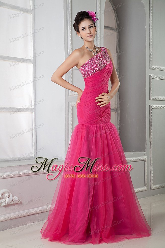 wholesale latest coral red mermaid prom dress one shoulder beading floor-length tulle