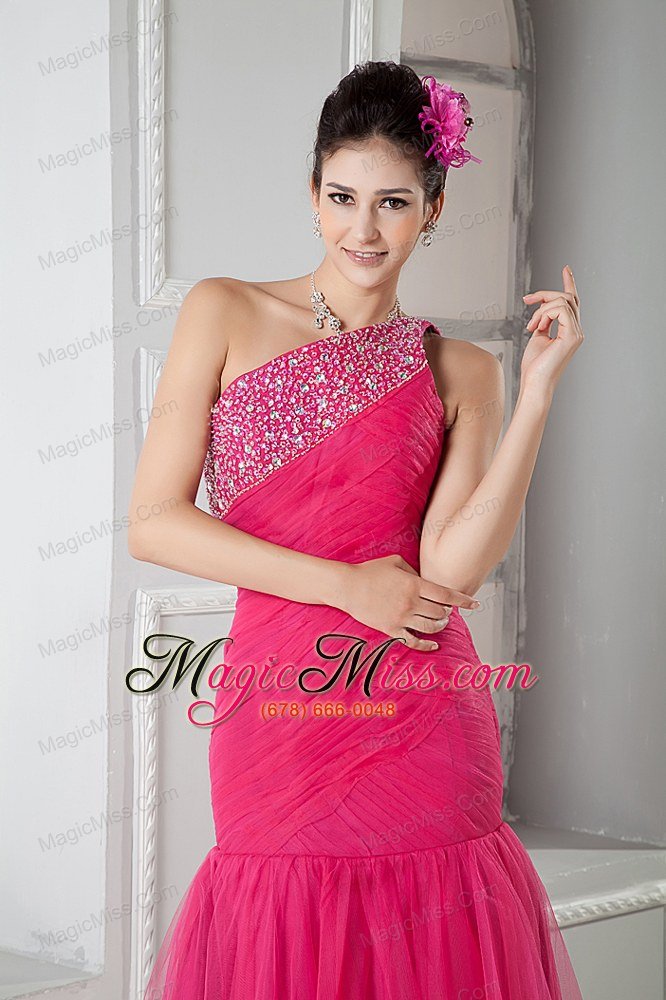 wholesale latest coral red mermaid prom dress one shoulder beading floor-length tulle