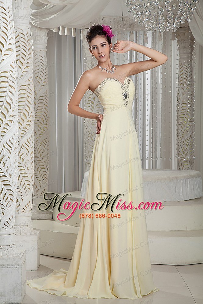 wholesale light yellow empire sweetheart brush train chiffon beading prom dress