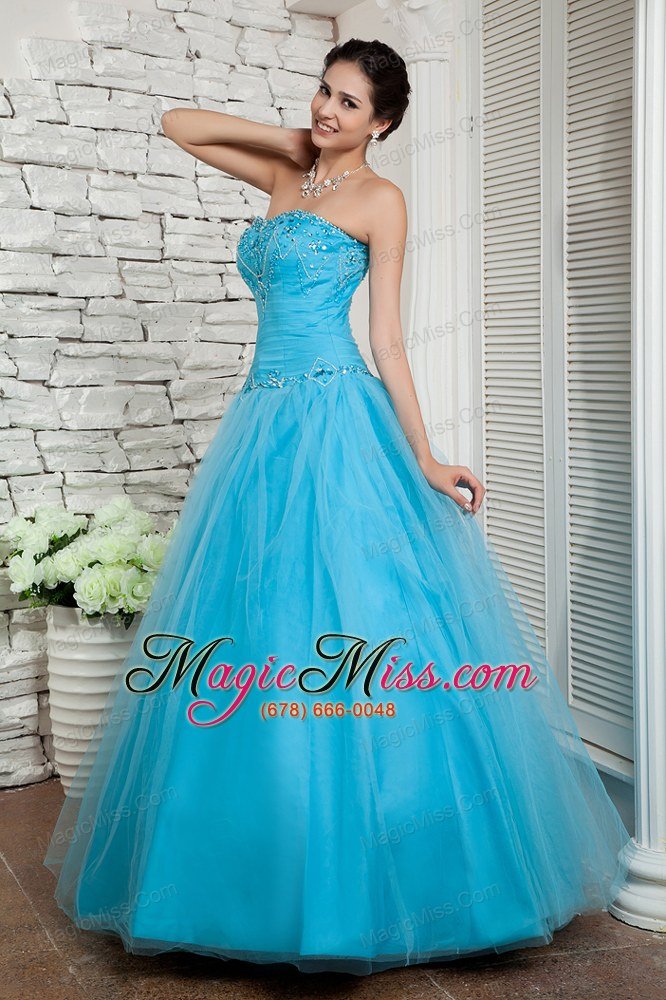 wholesale aqua blue a-line sweetheart floor-length tulle beading prom / evening dress