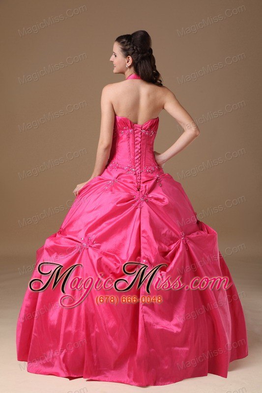 wholesale coral red ball gown halter floor-length taffeta beading quinceanera dress