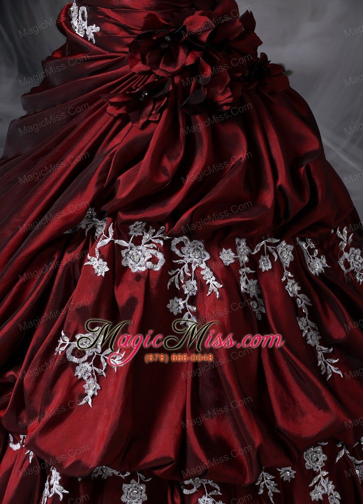 wholesale burgundy ball gown strapless floor-length taffeta appliques quinceanera dress