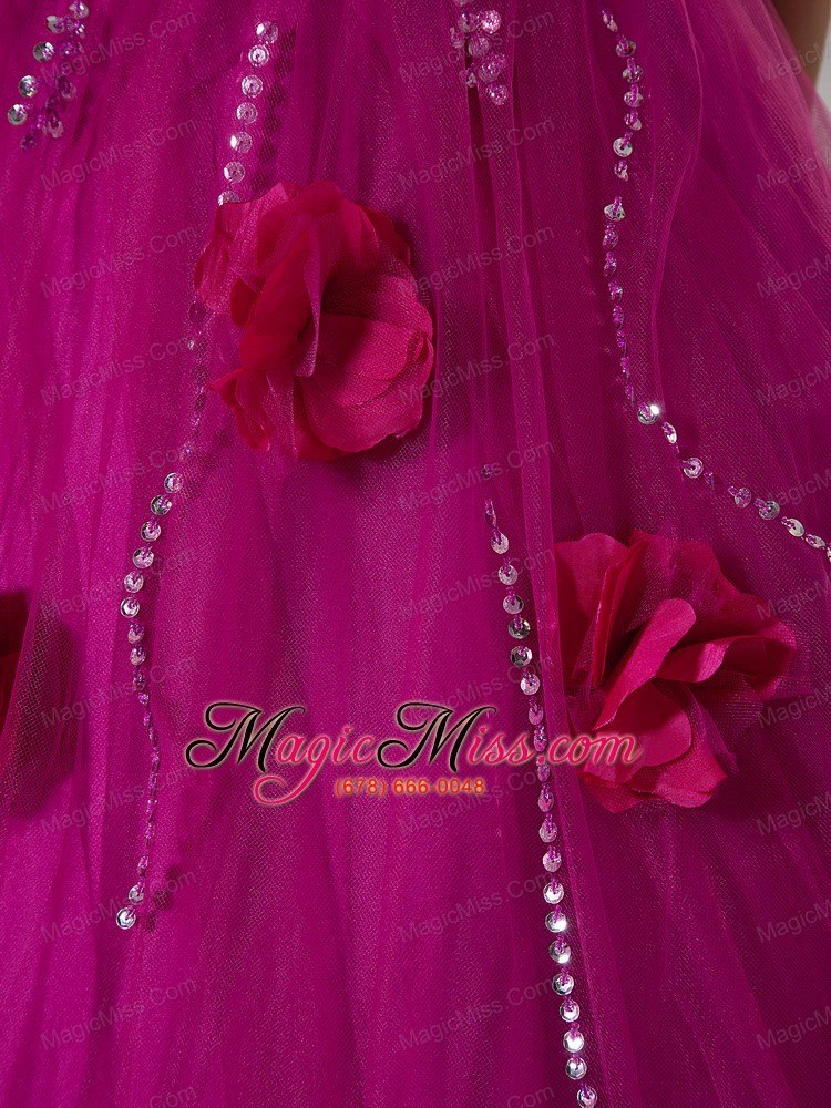 wholesale fuchsia a-line sweetheart brush train tulle and taffeta hand made flowers prom dress