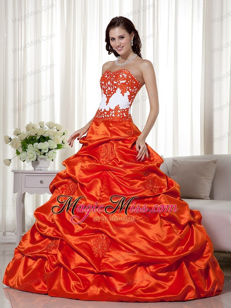wholesale orange red a-line sweetheart floor-length taffeta appliques quinceanera dress
