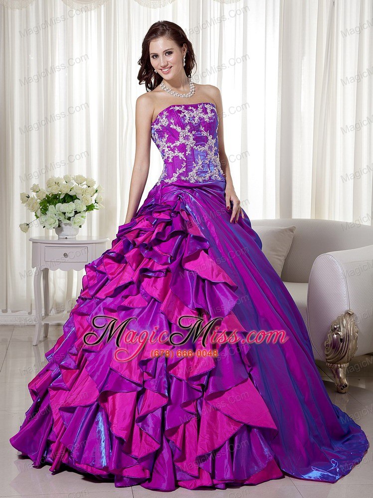 wholesale purple ball gown strapless floor-length taffeta appliques quinceanera dress