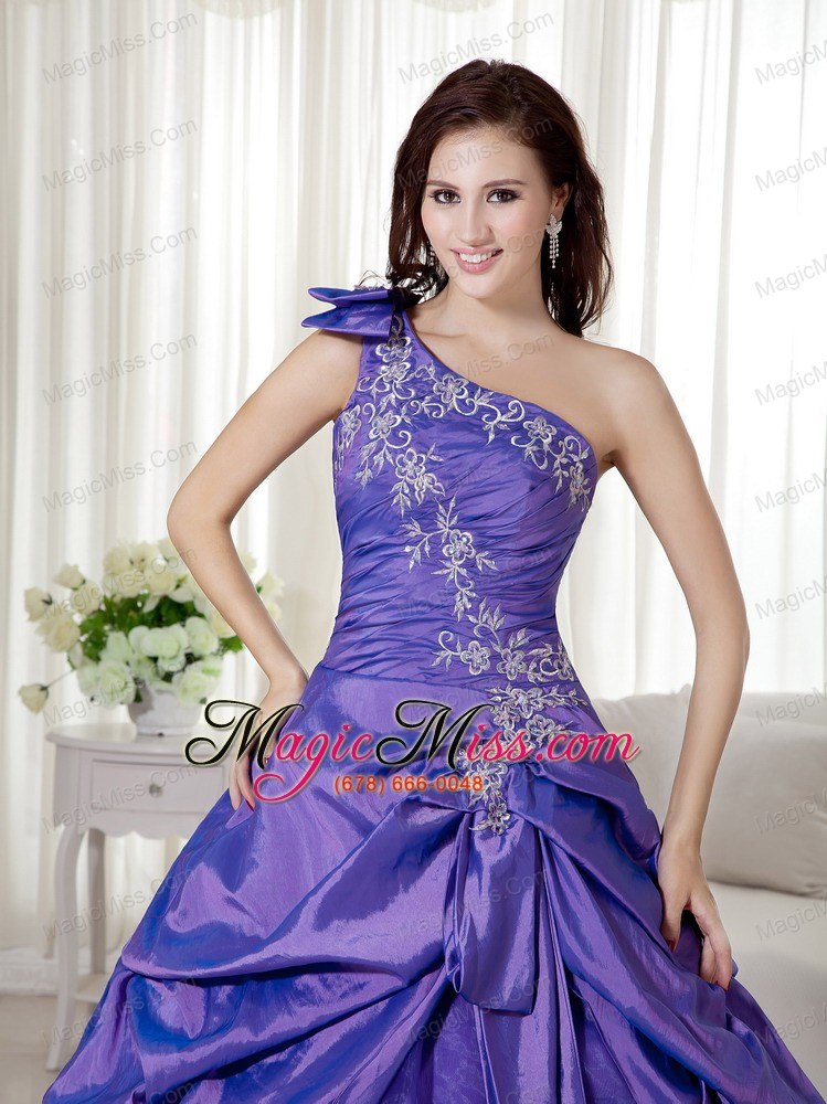 wholesale purple ball gown one shoulder floor-length taffeta and organza appliques quinceanera dress