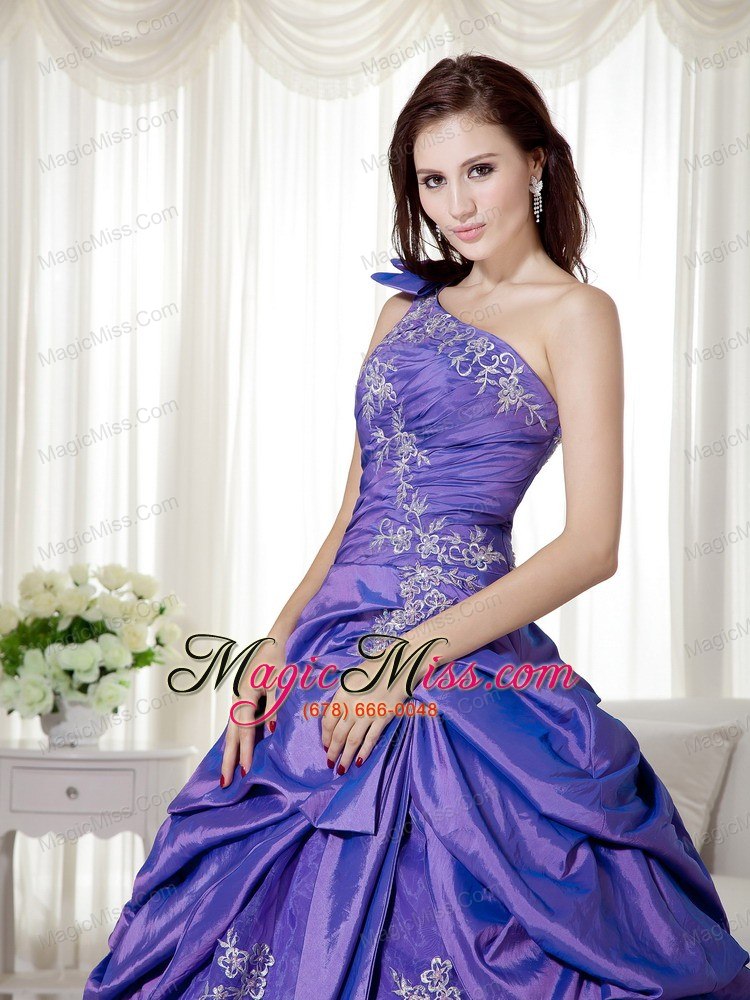 wholesale purple ball gown one shoulder floor-length taffeta and organza appliques quinceanera dress