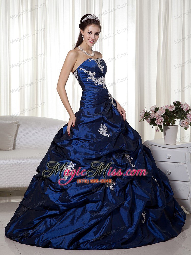 wholesale navy blue a-line strapless floor-length taffeta appliques quinceanera dress