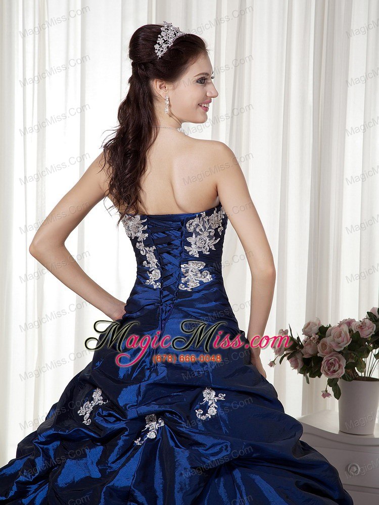 wholesale navy blue a-line strapless floor-length taffeta appliques quinceanera dress