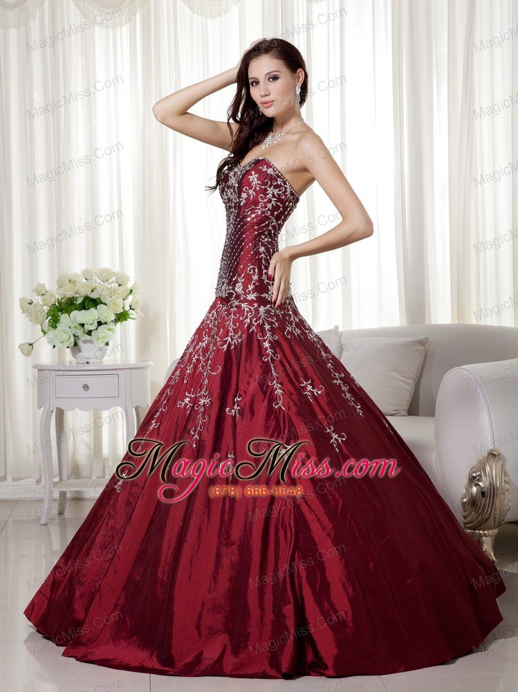 wholesale wine red a-line sweetheart floor-length taffeta beading and embroidery quinceanera dress