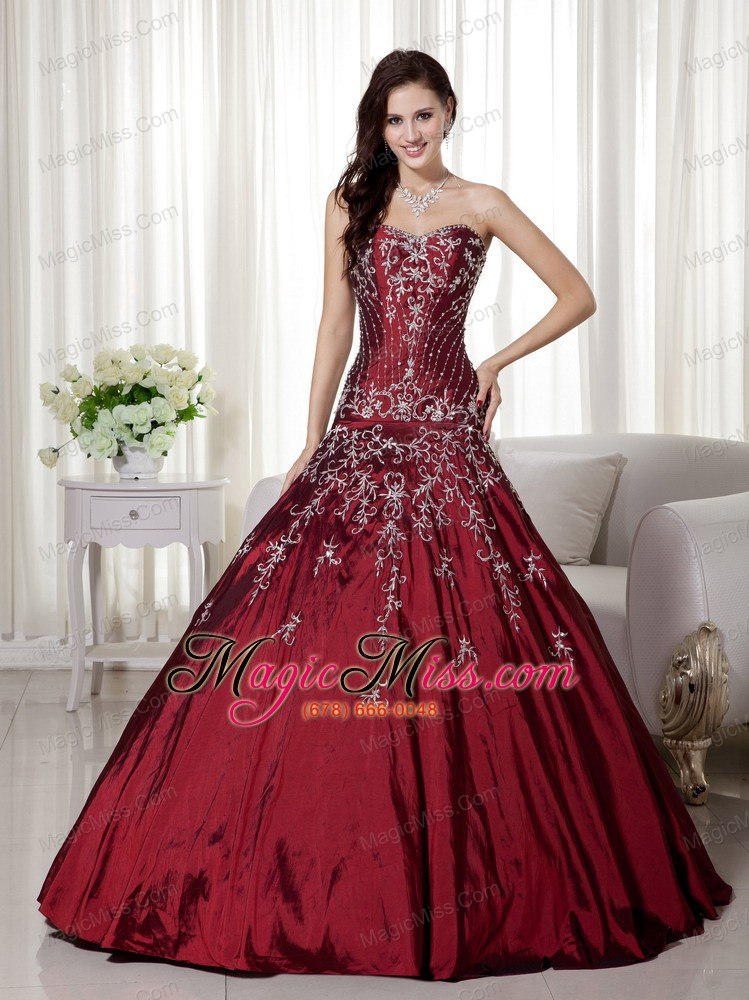 wholesale wine red a-line sweetheart floor-length taffeta beading and embroidery quinceanera dress