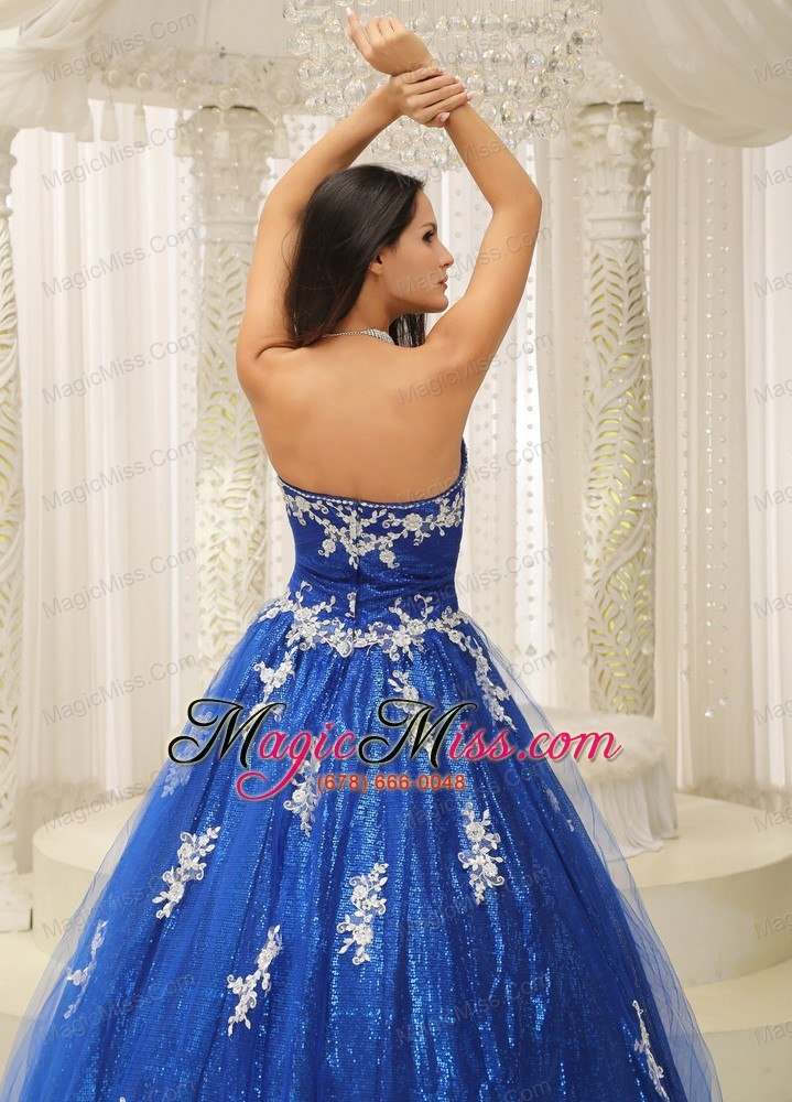 wholesale royal blue a-line pron dress with appliques paillette over skirt tulle in new jersey