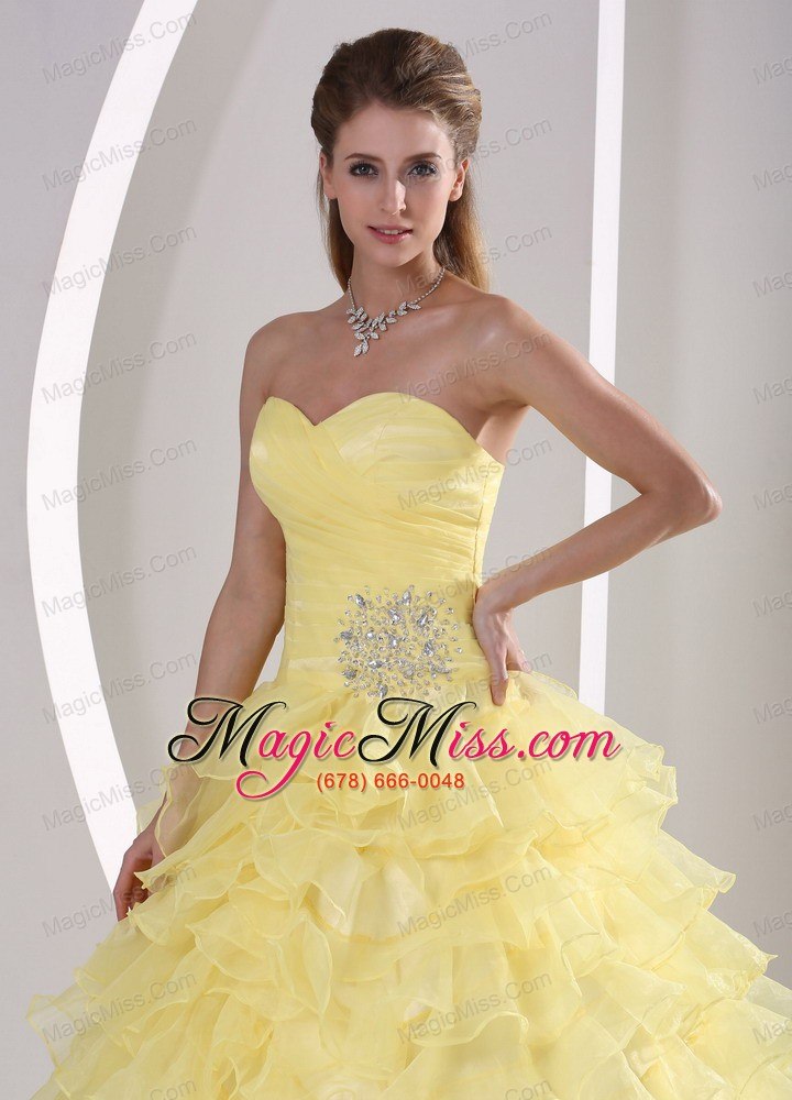 wholesale light yellow ruffles sweetheart appliques and ruch quinceaners gowns for military ball