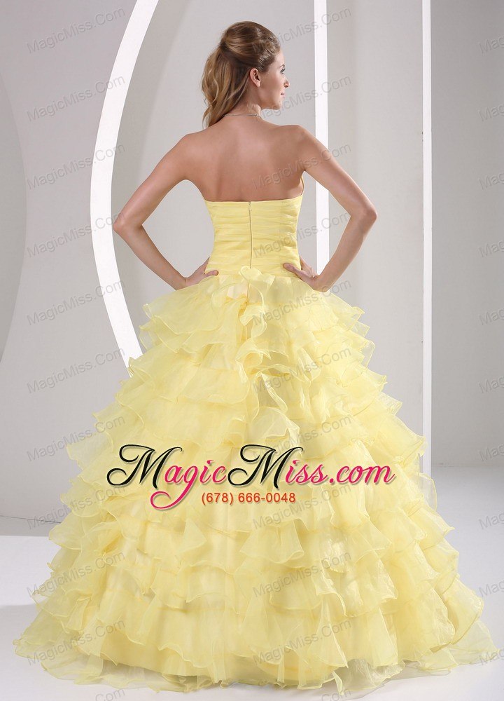wholesale light yellow ruffles sweetheart appliques and ruch quinceaners gowns for military ball