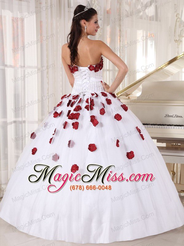 wholesale white and wine red ball gown strapless floor-length tulle beading and hand made flowers quinceanera dress