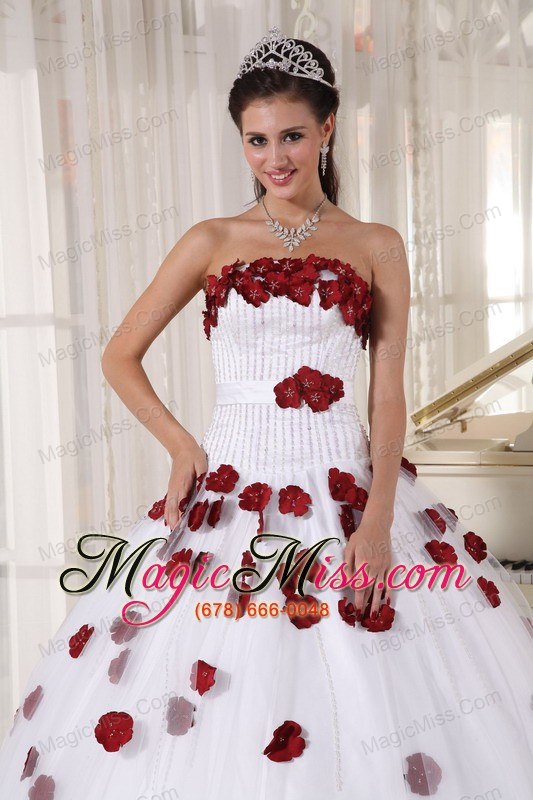 wholesale white and wine red ball gown strapless floor-length tulle beading and hand made flowers quinceanera dress