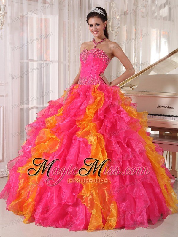 wholesale hot pink and orange ball gown sweetheart floor-length organza sequins quinceanera dress
