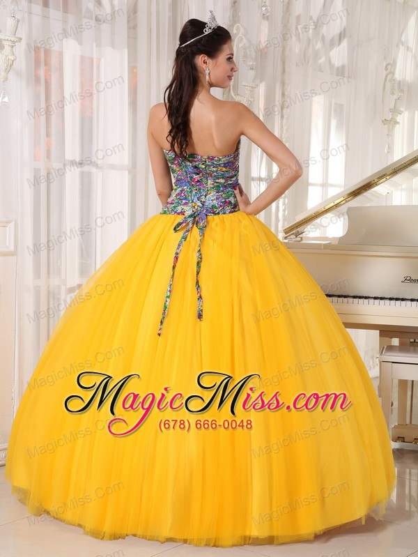 wholesale yellow ball gown strapless floor-length tulle and printing sequins quinceanera dress