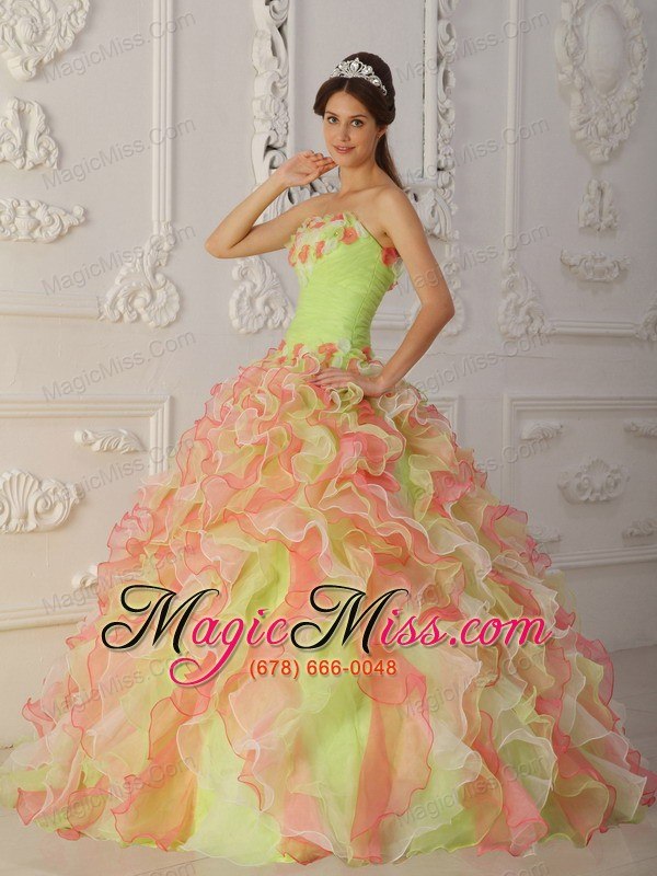wholesale multi-color ball gown strapless floor-length organza hand flowers and ruffles quinceanera dress
