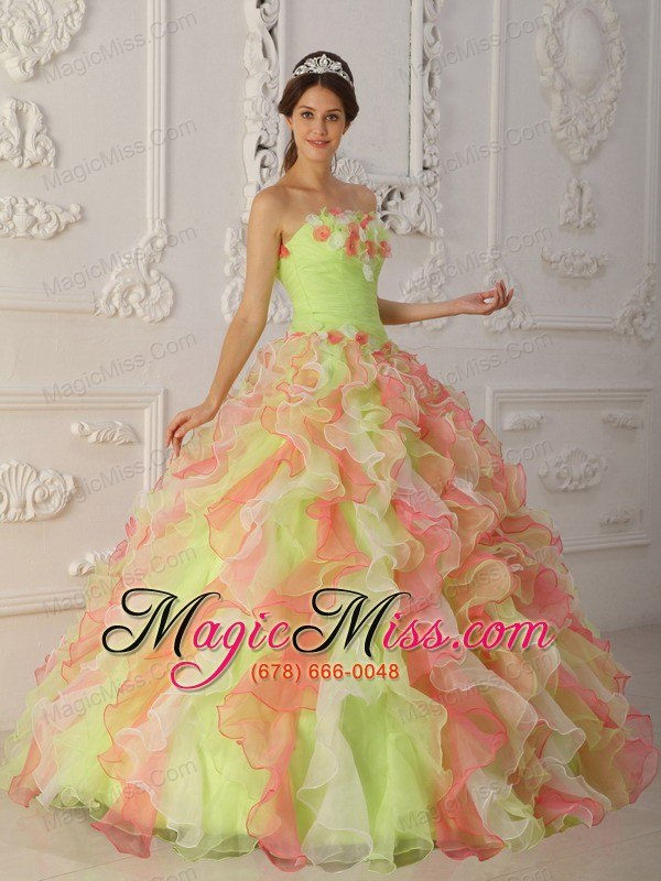 wholesale multi-color ball gown strapless floor-length organza hand flowers and ruffles quinceanera dress